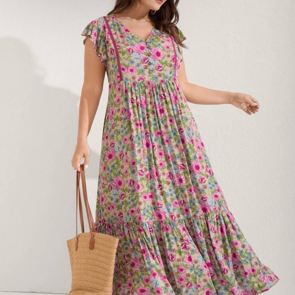BloomChic Pink Floral Maxi Dress on Green Background. - Picture 3 of 9